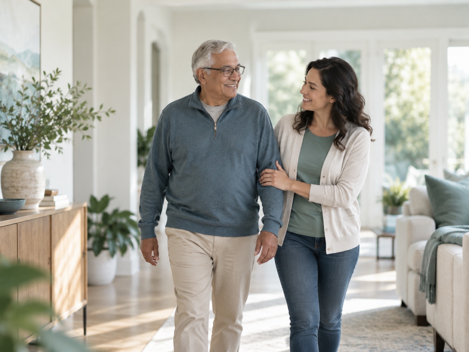 Adult daughter walking arm in arm with her father at home